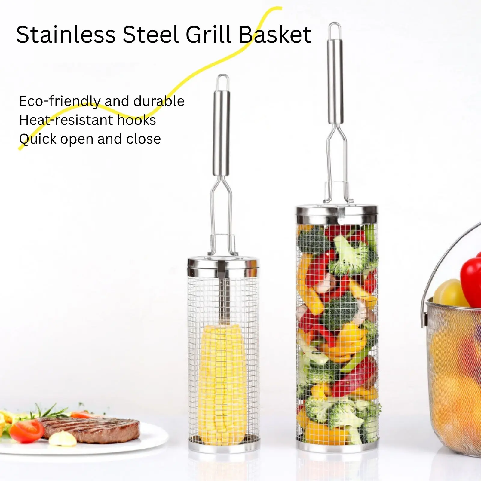 Camping Cooking Basket - Stainless Steel Rolling Grill Basket –